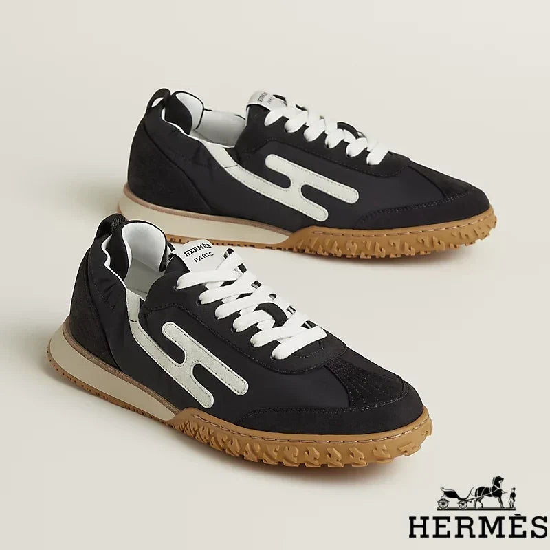 Herm¨¨s Black Mixed Fabric Retro Sneakers