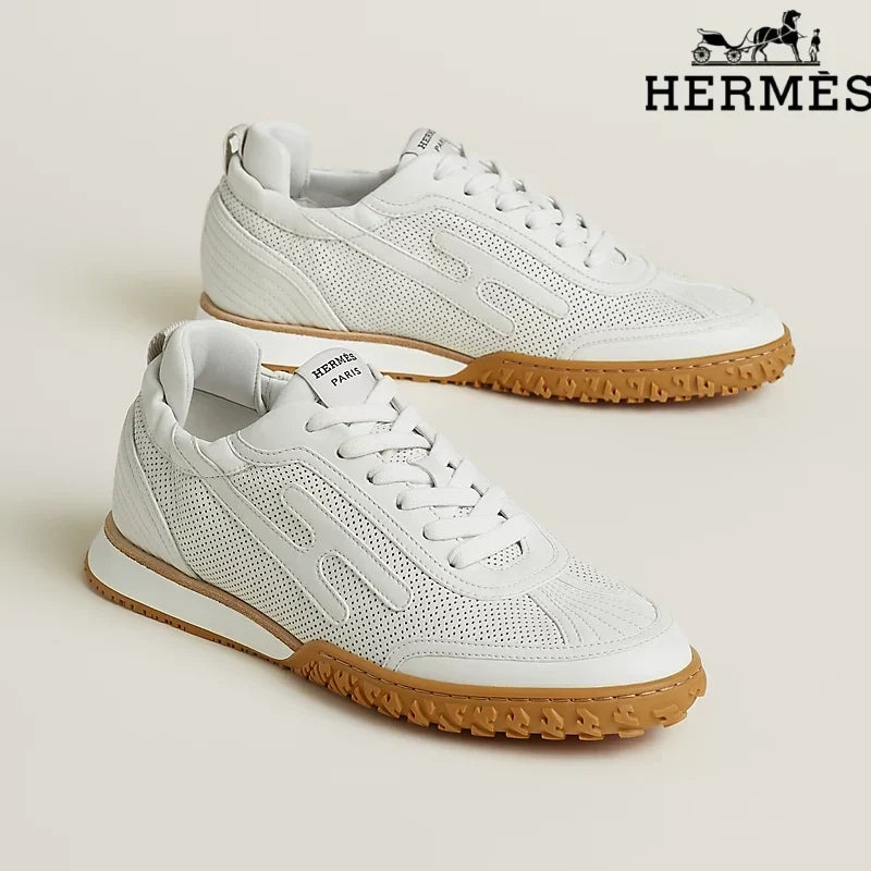 Herm¨¨s womens shoes men sneaker White Perforated Leather Sneakers with H-Logo