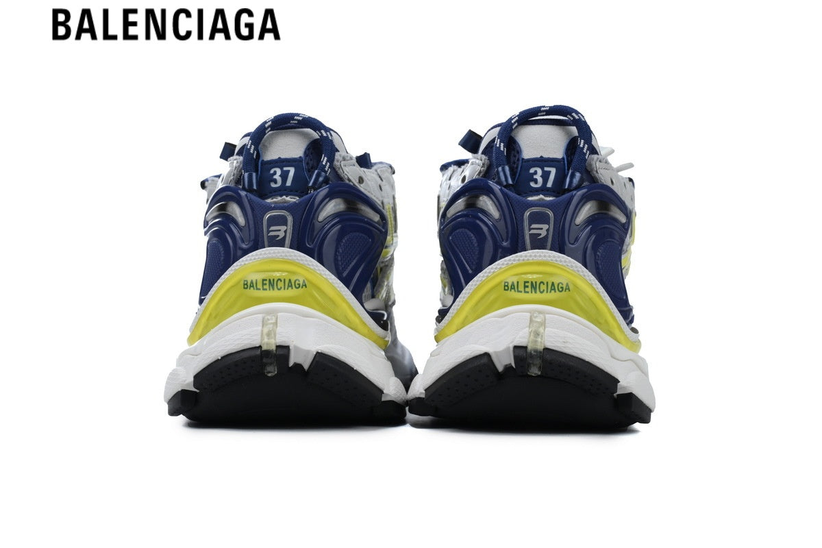Balenciaga Runner men's shoes  women sneakers ¡ª Silver Mesh, Yellow & Navy Synthetic Overlays