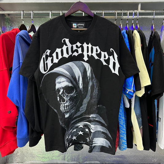 Godspeed T-shirts American Flag Skull Print Cotton Casual Short Sleeves Men and Women