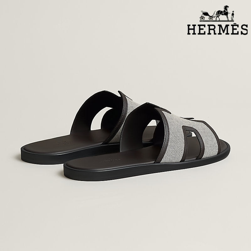 Herm¨¨s Izmir Beige Canvas Slide Sandals with Leather Trim