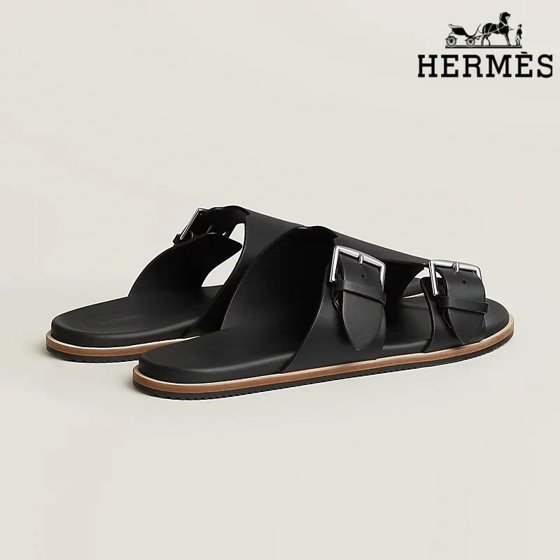 Herm¨¨s Black Smooth Leather Slide Sandals with Double Silver Buckles