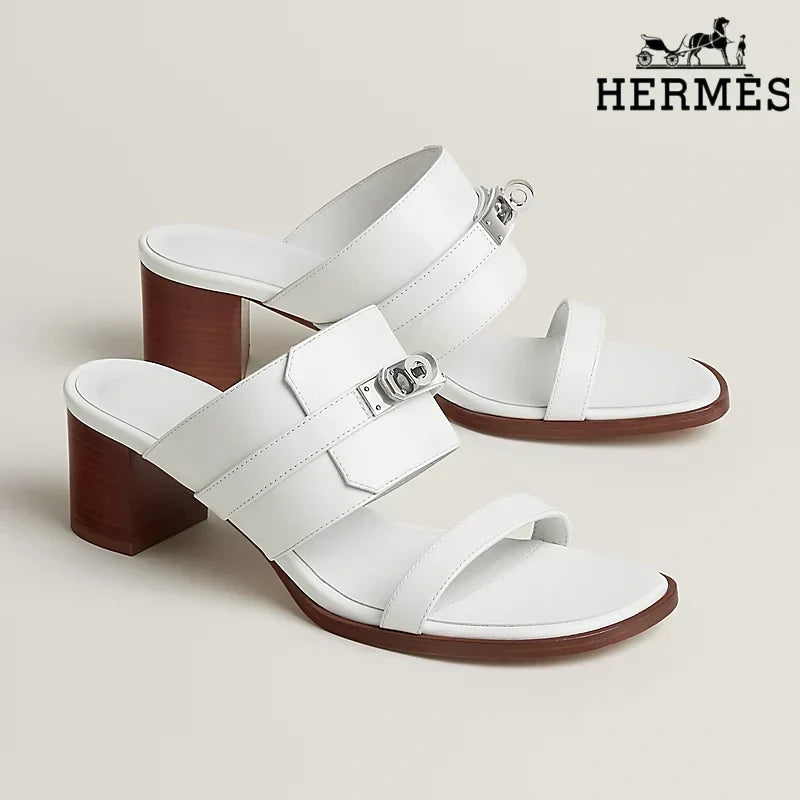 Herm¨¨s White Smooth female shoes Leather Heeled Slide Sandals with Silver Kelly Buckle