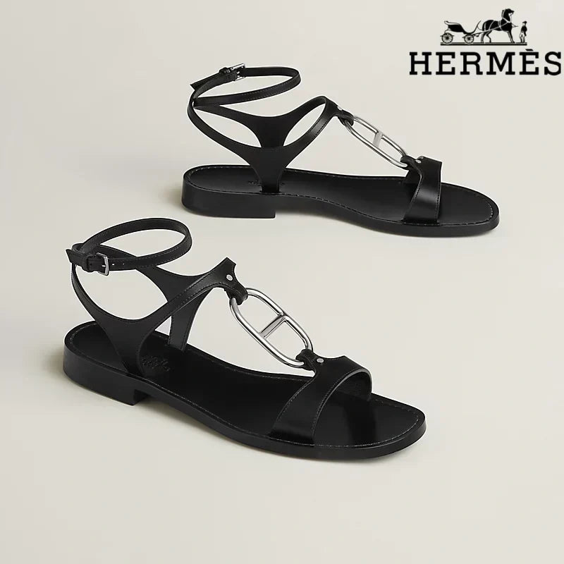 Herm¨¨s Black Calfskin Ankle Strap Flat Sandals