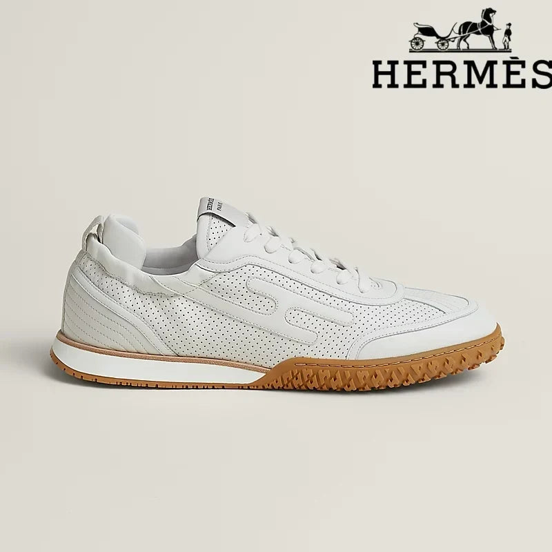 Herm¨¨s womens shoes men sneaker White Perforated Leather Sneaker