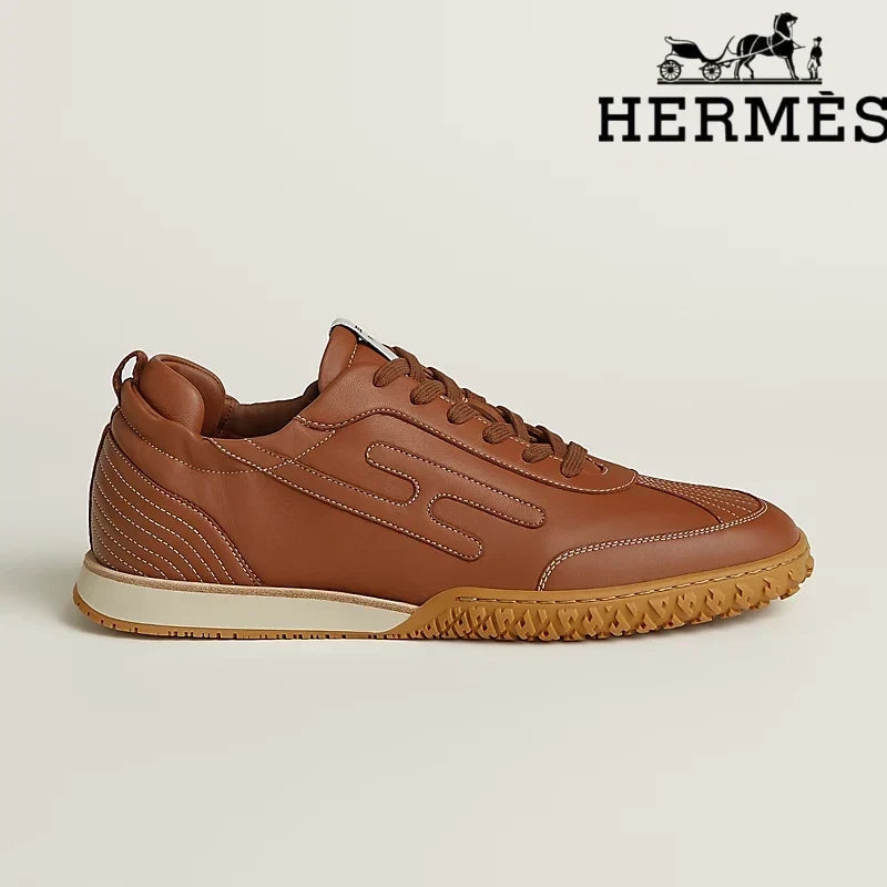 Herm¨¨s womens shoes men sneaker Tan Leather Stitched Sneaker