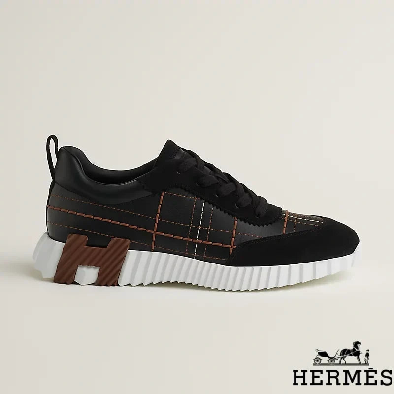 Herm¨¨s Black Grid Stitching Platform Sneakers