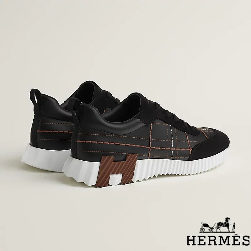 Herm¨¨s Black Grid Stitching Platform Sneakers
