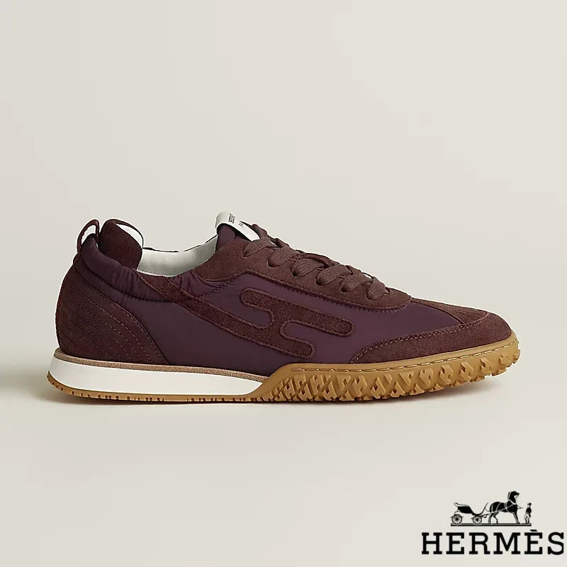 Herm¨¨s Burgundy Mixed Fabric Retro Sneakers