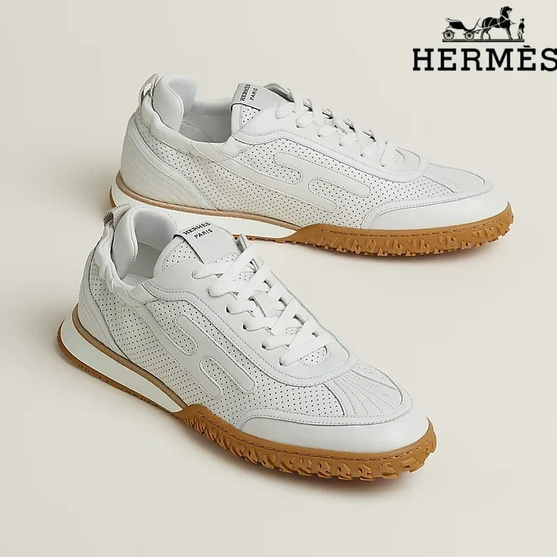 Herm¨¨s womens shoes men sneaker  White Perforated Leather H-Logo Sneakers