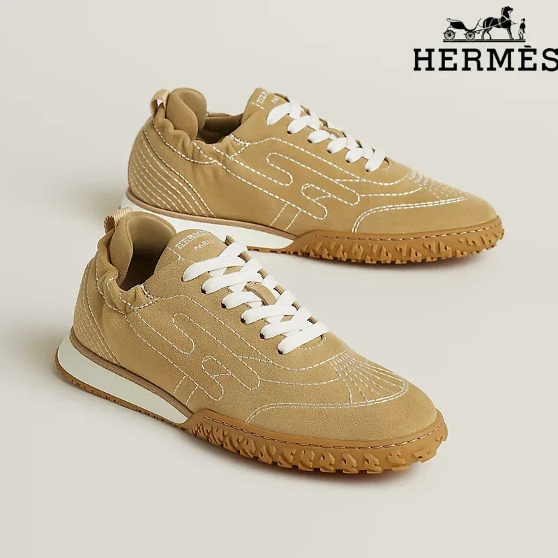 Herm¨¨s Camel Suede Contrast Stitch H-Logo Sneakers