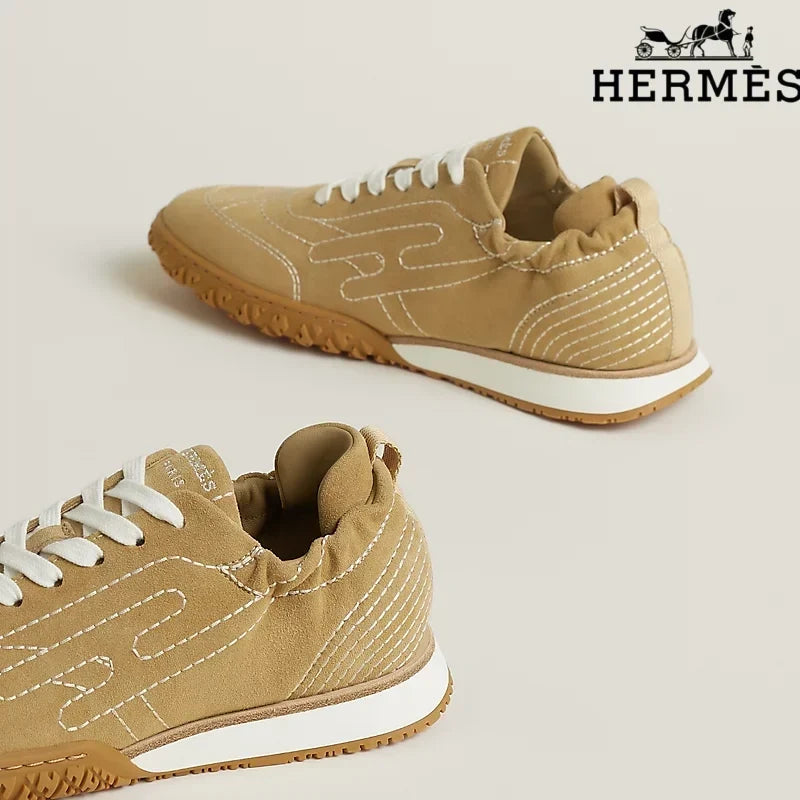 Herm¨¨s Camel Suede Contrast Stitch H-Logo Sneakers