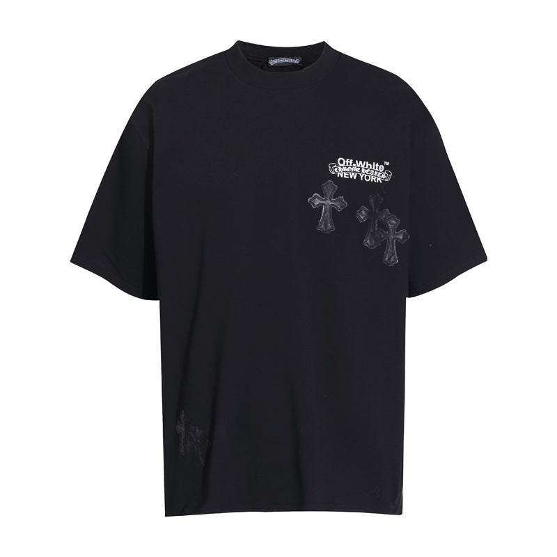 Chrome Heart T Shirts Cross Color Leather Printed Short Sleeve T-Shirt Loose