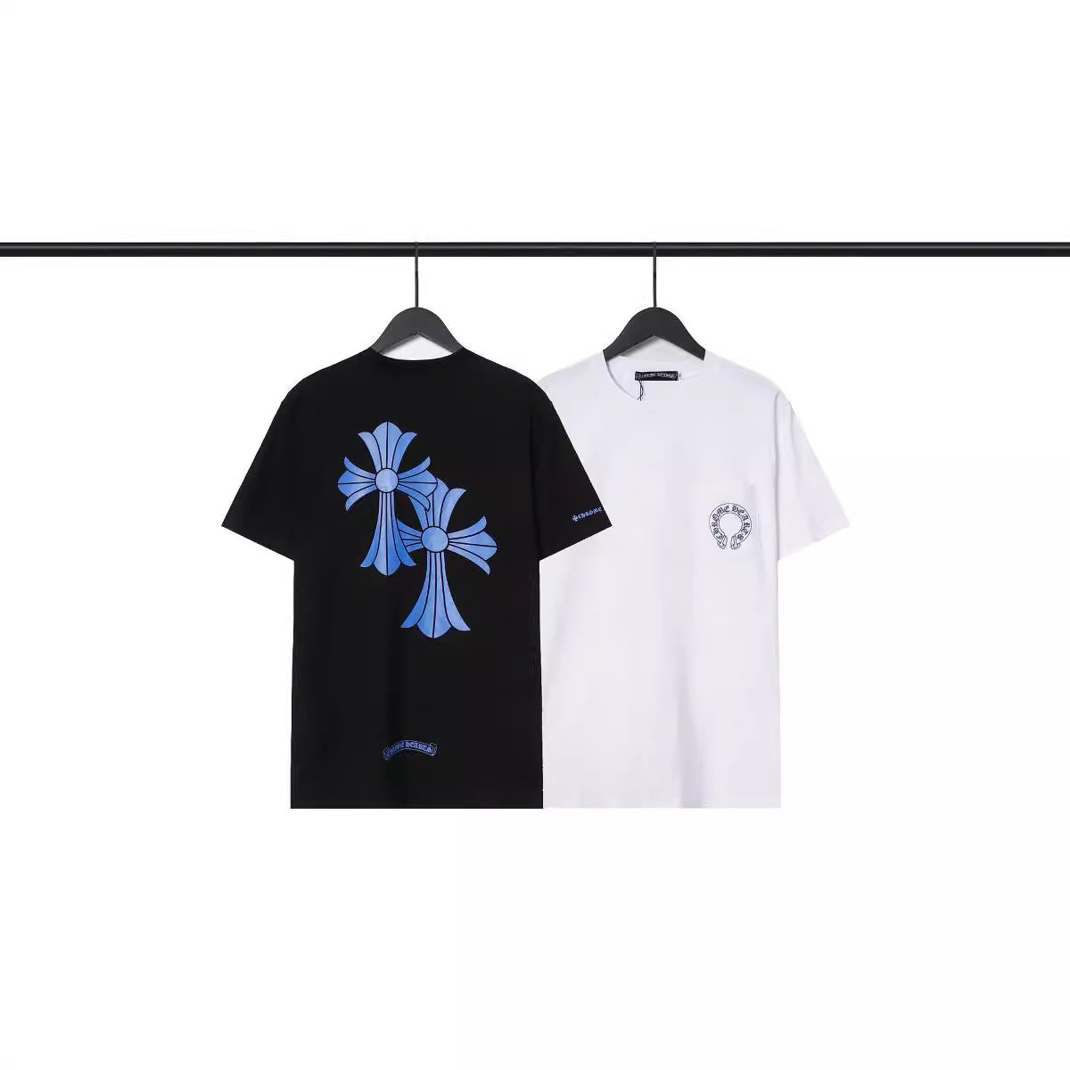 Chrome Heart T Shirts Blue Cross Loose Crew Neck Short Sleeve
