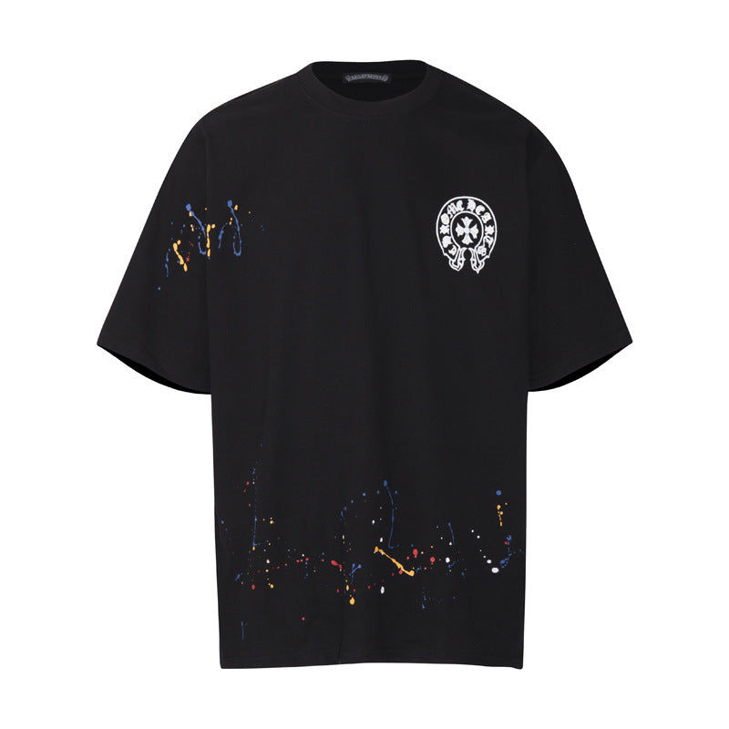 Chrome Heart T Shirts Cross Leather Print Short Sleeve T-Shirt Loose