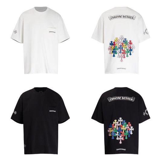 Chrome Heart T Shirts Colorful Cross Flower Arm Short Sleeve