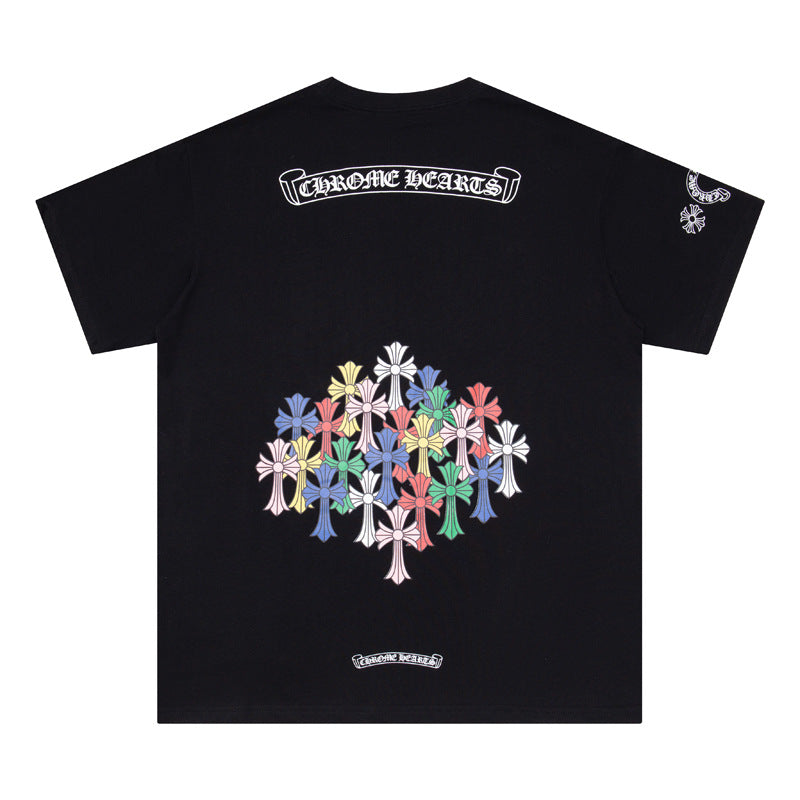 Chrome Heart T Shirts Colorful Cross Flower Arm Short Sleeve