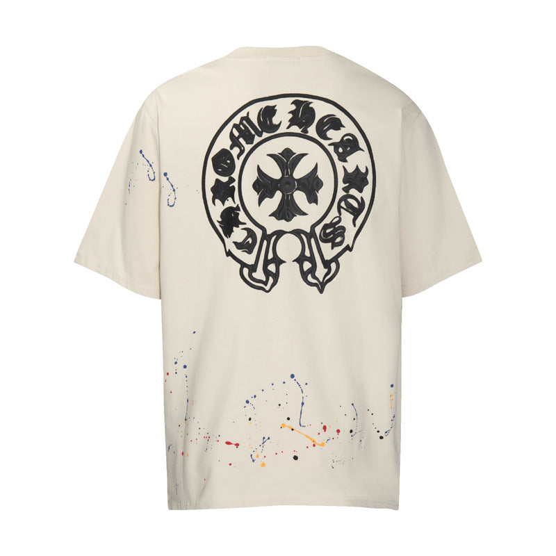 Chrome Heart T Shirts Cross Leather Print Short Sleeve T-Shirt Loose