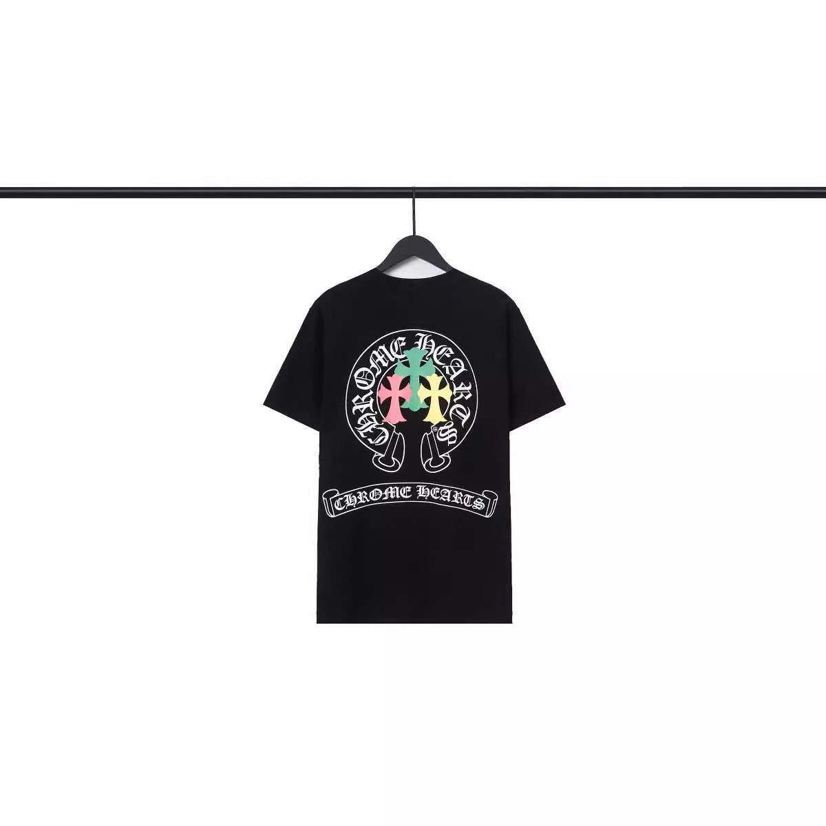 Chrome Heart T Shirts Crowe Scroll Heart Color Cross Print Crew Neck Short Sleeve
