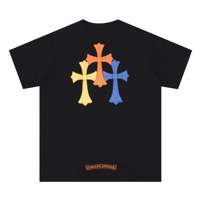 Chrome Heart T Shirts Cross Leather Print Short Sleeve T-Shirt Loose