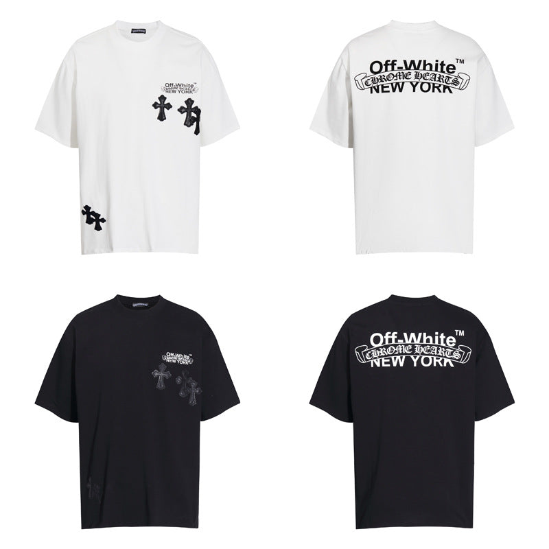 Chrome Heart T Shirts Cross Color Leather Printed Short Sleeve T-Shirt Loose