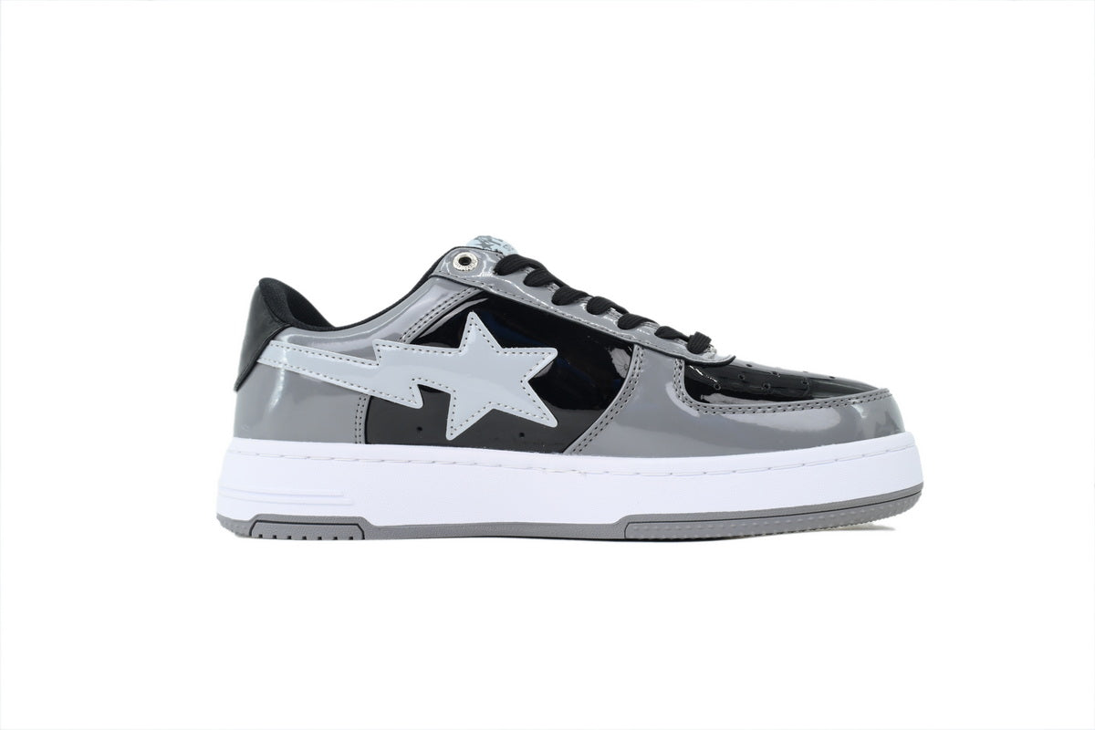 A BATHING APE BAPE STA Glossy Grey & Black White-Star Sneakers | Women's & Men's Skate-Inspired Shoes